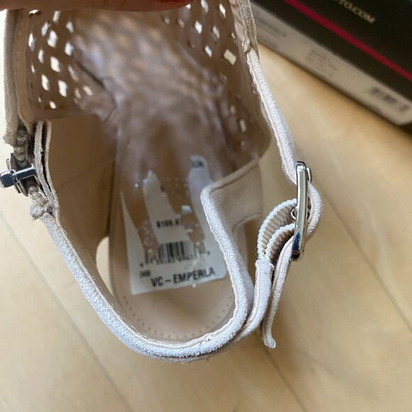 Vince Camuto BNWT Women's suede tan sz 10M "emperla" cage sandal cone heel - Picture 3 of 6
